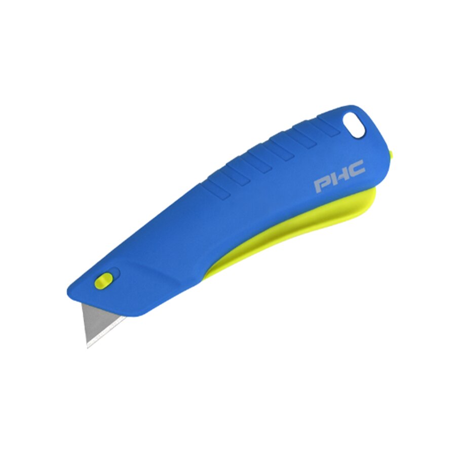Modro-žlutý plastový bezpečnostní samozatahovací nůž