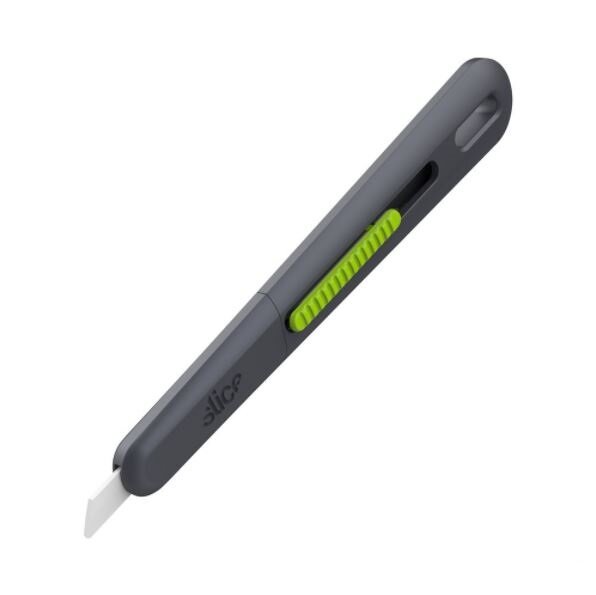 Černo-zelený plastový samozatahovací nůž na krabice SLICE - délka 13,9 cm, šířka 2,2 cm, výška 1,1 cm
