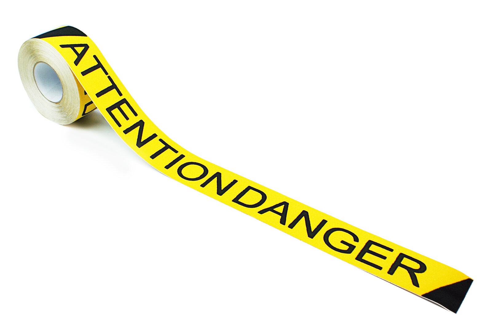 Černo-žlutá korundová protiskluzová páska s potiskem FLOMA Attention Danger - délka 18,3 m, šířka 7,5 cm, tloušťka 0,7 mm