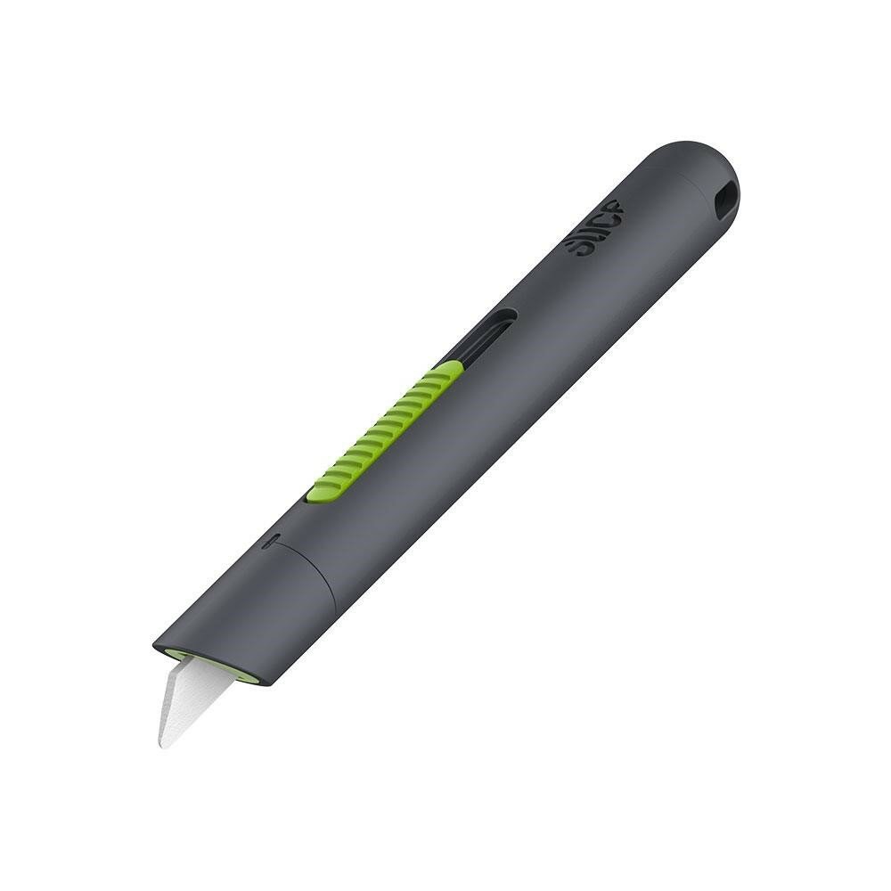 Černo-zelený plastový samozatahovací nůž na krabice SLICE - délka 13,4 cm, šířka 1,7 cm, výška 1,7 cm