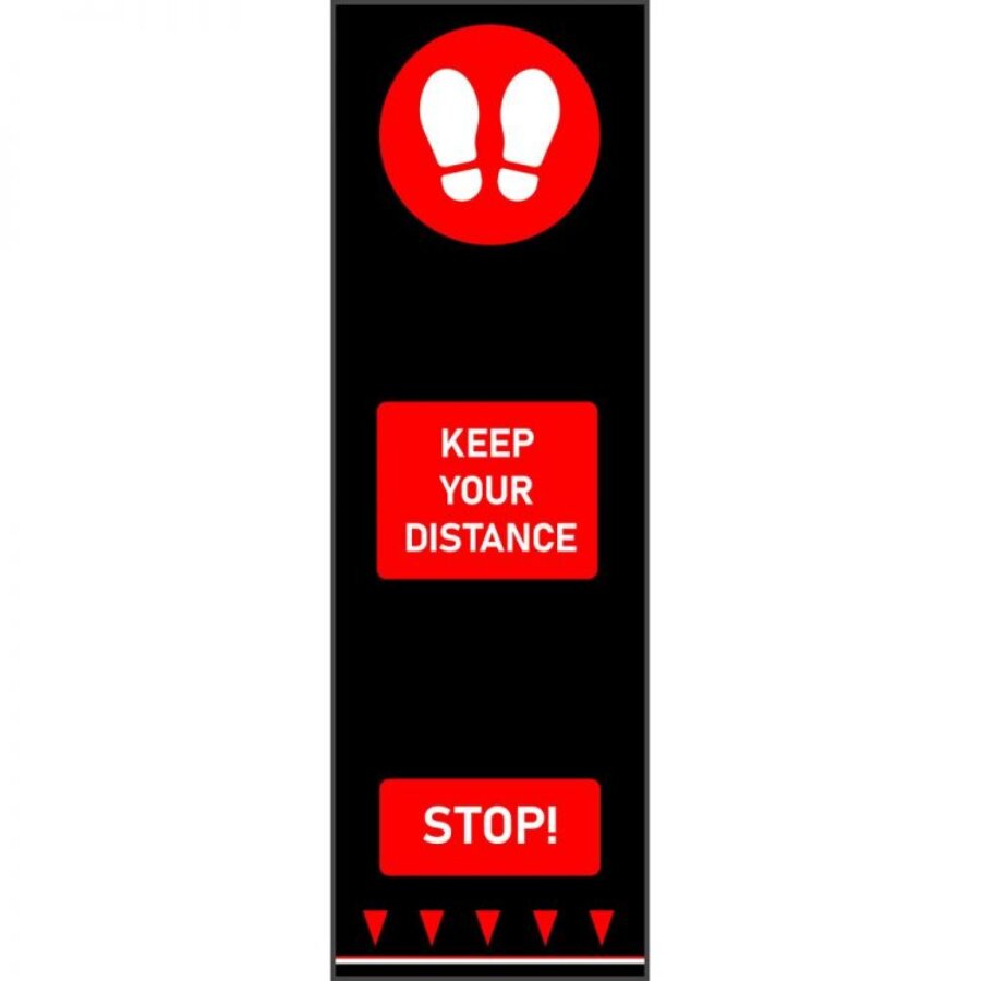 Červená gumová textilní vstupní rohož s potiskem "Keep Your Distance" - 200 x 65 cm