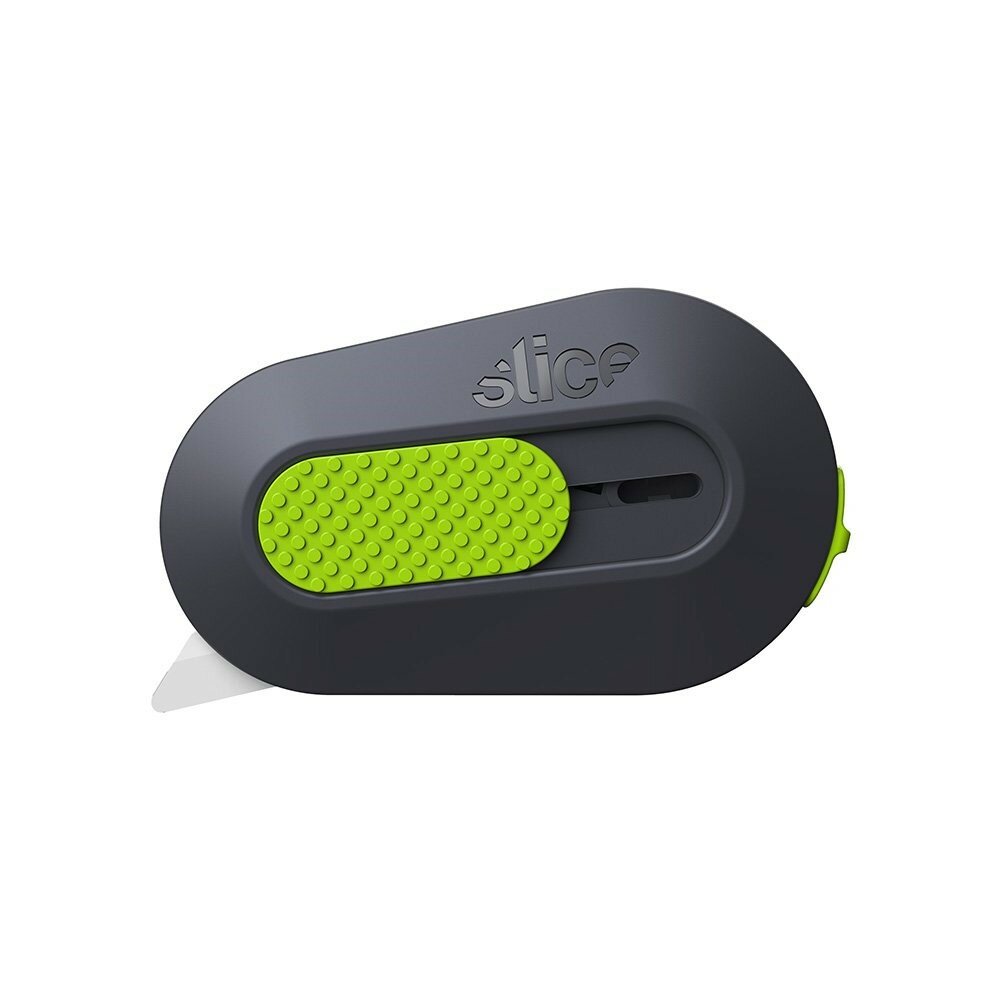 Černo-zelený plastový malý bezpečnostní samozatahovací nůž na krabice SLICE - délka 6,2 cm, šířka 3,8 cm, výška 1,2 cm