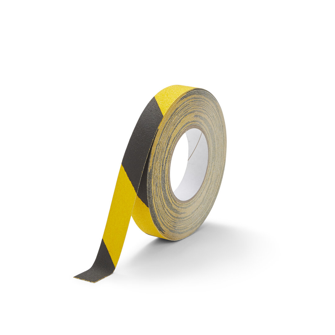 Černo-žlutá korundová snímatelná protiskluzová páska FLOMA Hazard Standard Removable - délka 18,3 m, šířka 2,5 cm, tloušťka 0,7 mm