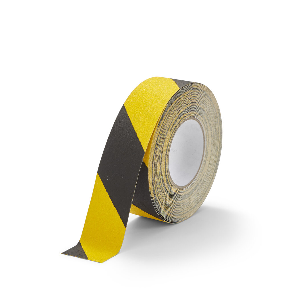 Černo-žlutá korundová snímatelná protiskluzová páska FLOMA Hazard Standard Removable - délka 18,3 m, šířka 5 cm, tloušťka 0,7 mm