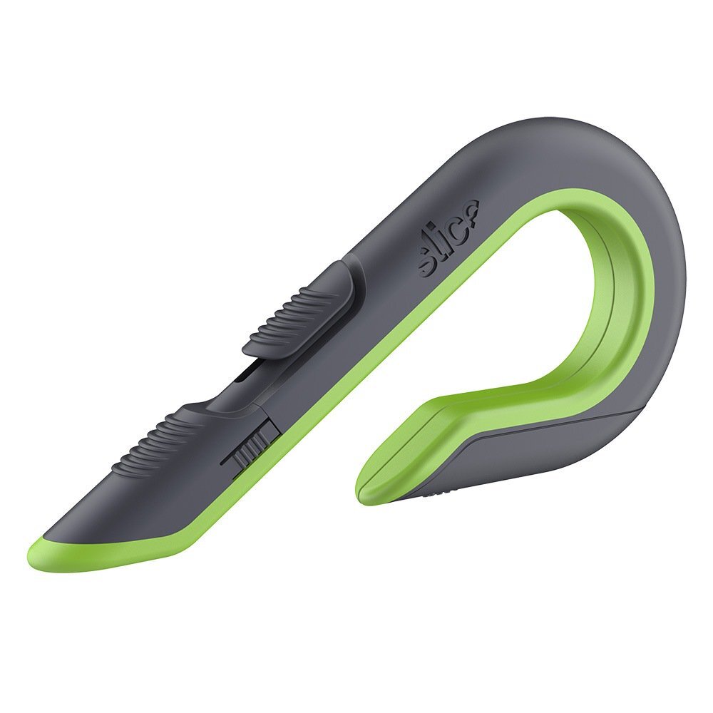 Černo-zelený plastový samozatahovací nůž na krabice SLICE - délka 17 cm, šířka 8,6 cm, výška 1,8 cm