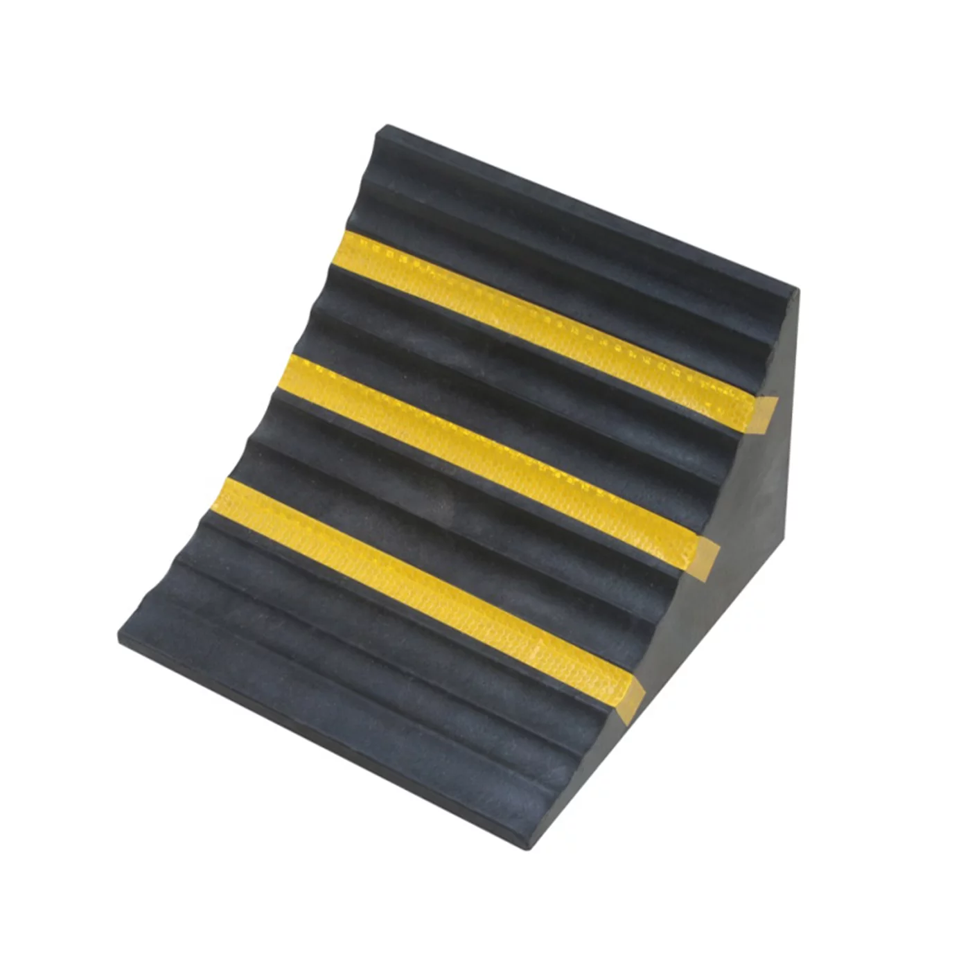Černo-žlutý gumový zakládací klín pod kola FLOMA WCF25 - 25 x 25 x 18 cm