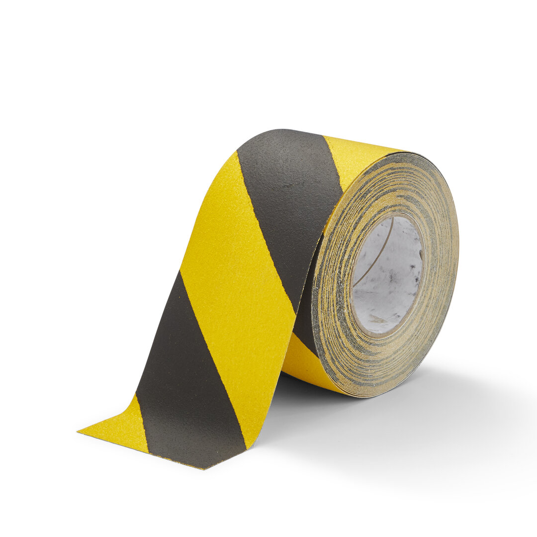 Černo-žlutá korundová snímatelná protiskluzová páska FLOMA Hazard Standard Removable - délka 18,3 m, šířka 10 cm, tloušťka 0,7 mm