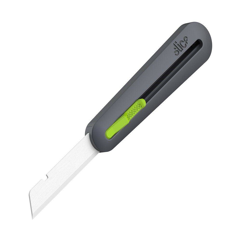 Černo-zelený plastový průmyslový samozatahovací univerzální nůž SLICE - délka 15,5 cm, šířka 3,4 cm, výška 2,2 cm